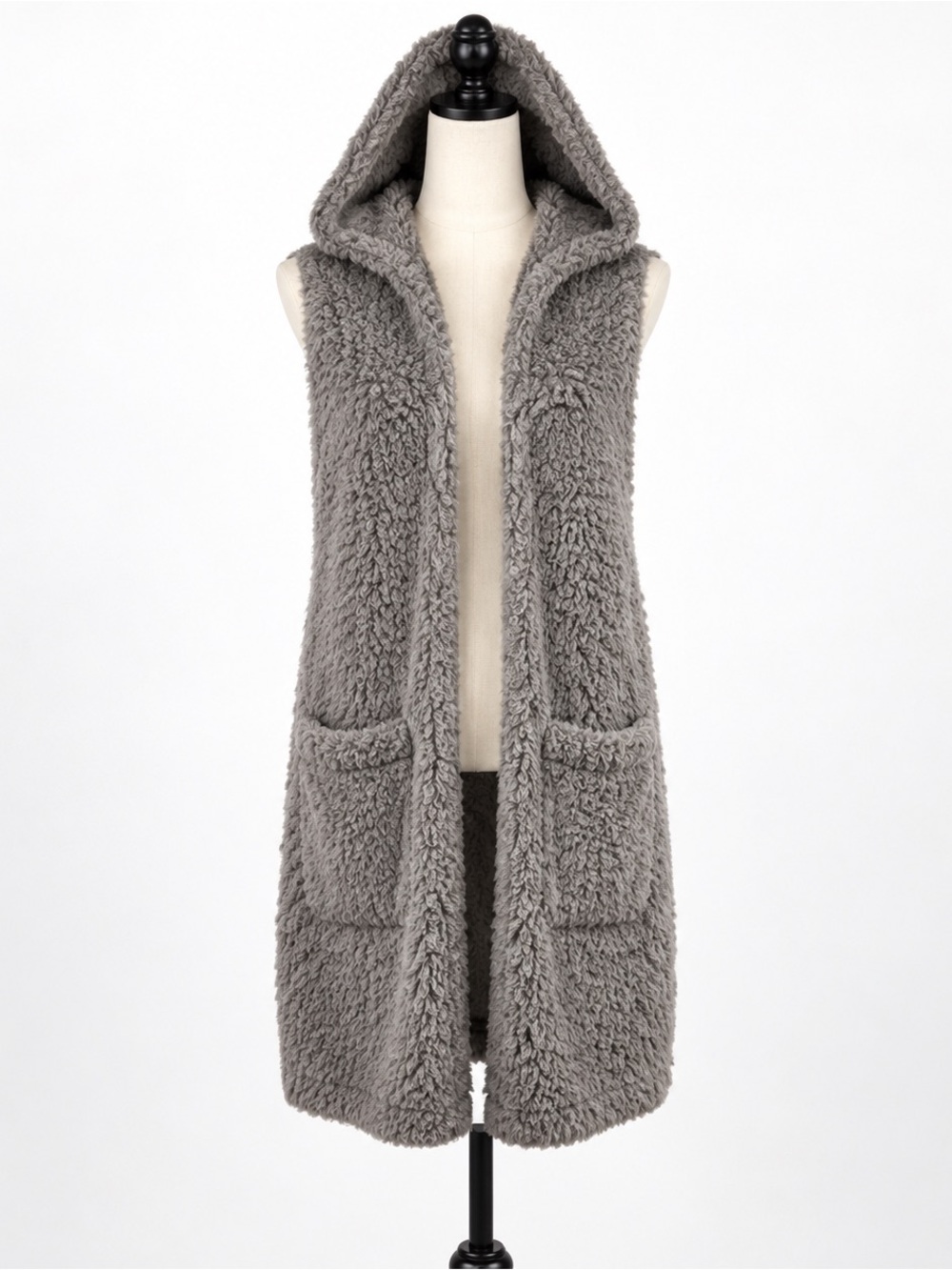 Ashley by 26 International gray faux fur long vest hoodie jacket sweater L